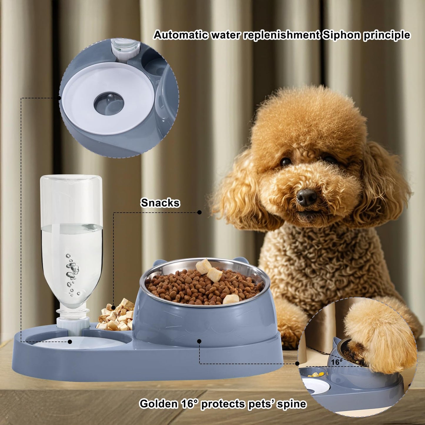 Rywell 2-in-1 Raised Cat Bowl Set with Gravity Water Dispenser, 15° Tilted Elevated Pet Feeder for Cats & Dogs, Anti-Spill Neck Protection Feeding Station