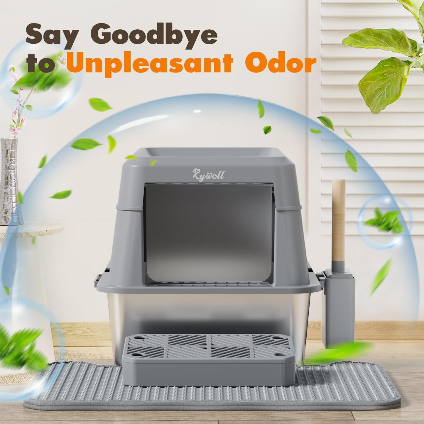 Rywell Stainless Steel Litter Box, Covered XL Extra Large Cat Litter Box Enclosure, Metal Kitty Litter Boxes with Lid, Litter Scoop, Filter Pedal and Litter Mat, Anti-Leakage, Non-Stick, Easy to Clean