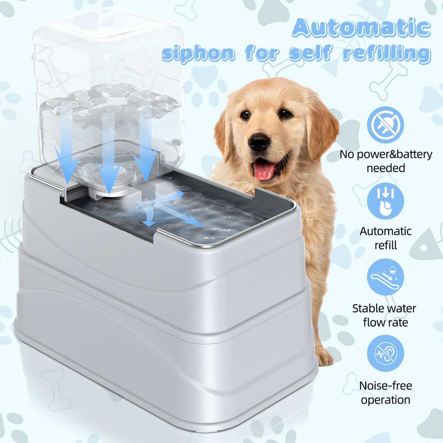 Rywell 4L Gravity Pet Feeder and Water Dispenser Set, Automatic with Stainless Steel Bowls, 3 Height Adjustable for Dogs and Cats