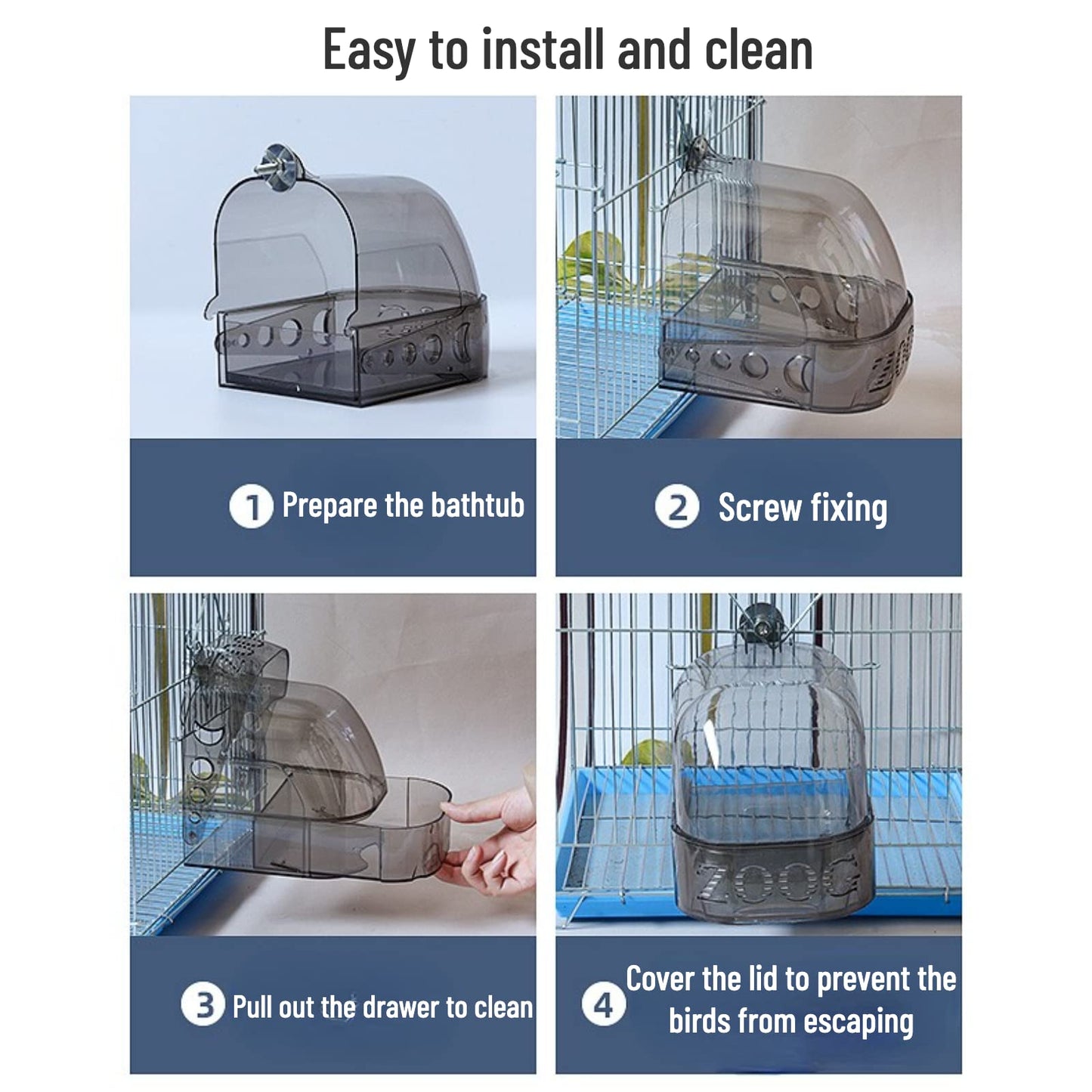 Rywell Bird Bath Cage, Cleaning Pet Supplies Cockatiel Bird Clear Bathtub with Bottom Drawer for Little Bird Parrots Spacious Parakeets Portable Shower for Most Birdcage