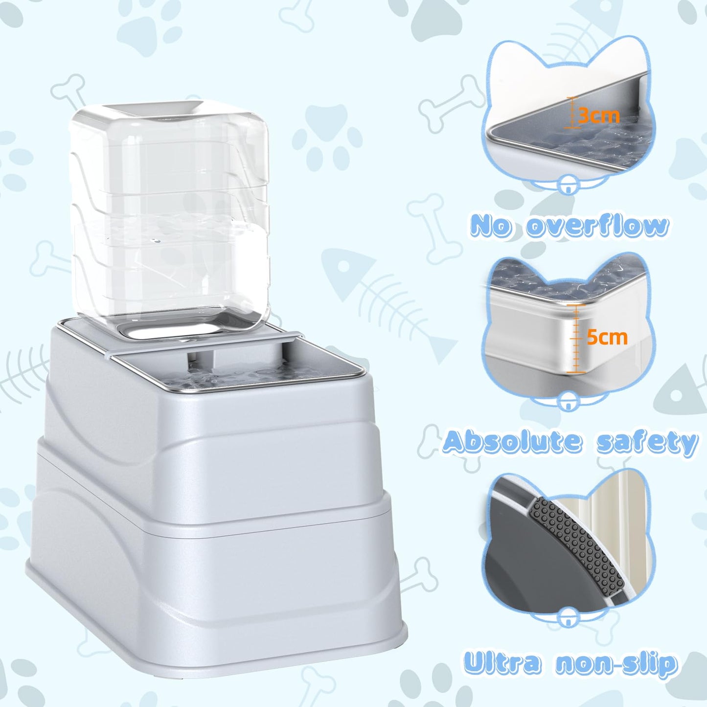 Rywell 4L Gravity Pet Feeder and Water Dispenser Set, Automatic with Stainless Steel Bowls, 3 Height Adjustable for Dogs and Cats