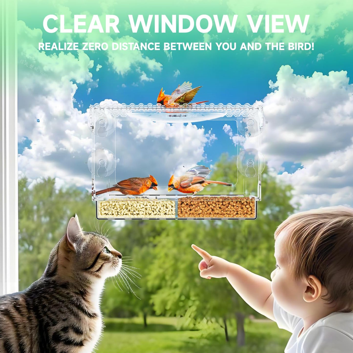 Rywell Acrylcc Window Bird Feeders with Strong Suction Cups for Window Viewing and Balcony,See Through Wild Birdfeeder with Bath and Water Combo,Clear Windows Bird Feeder for Cats,Kids,Birds Lover Gifts