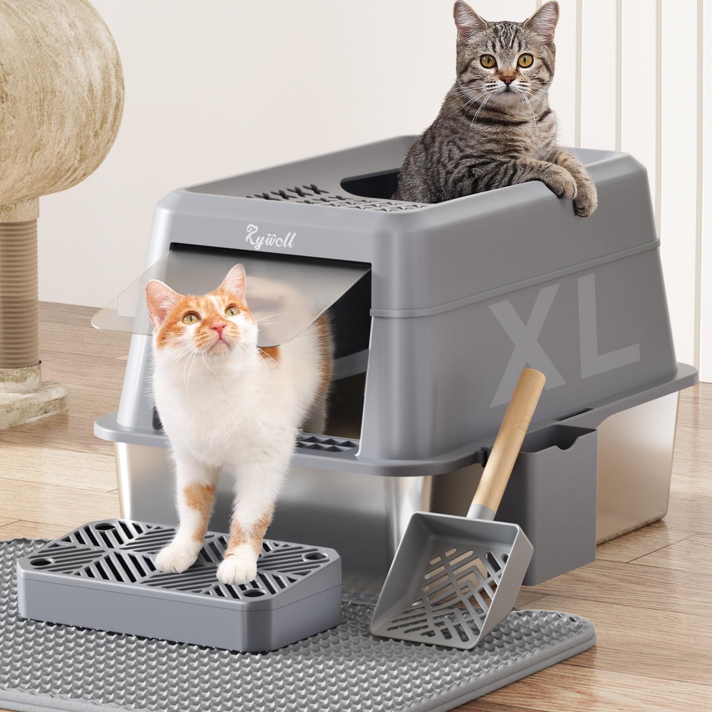 Rywell Stainless Steel Litter Box, Covered XL Extra Large Cat Litter Box Enclosure, Metal Kitty Litter Boxes with Lid, Litter Scoop, Filter Pedal and Litter Mat, Anti-Leakage, Non-Stick, Easy to Clean