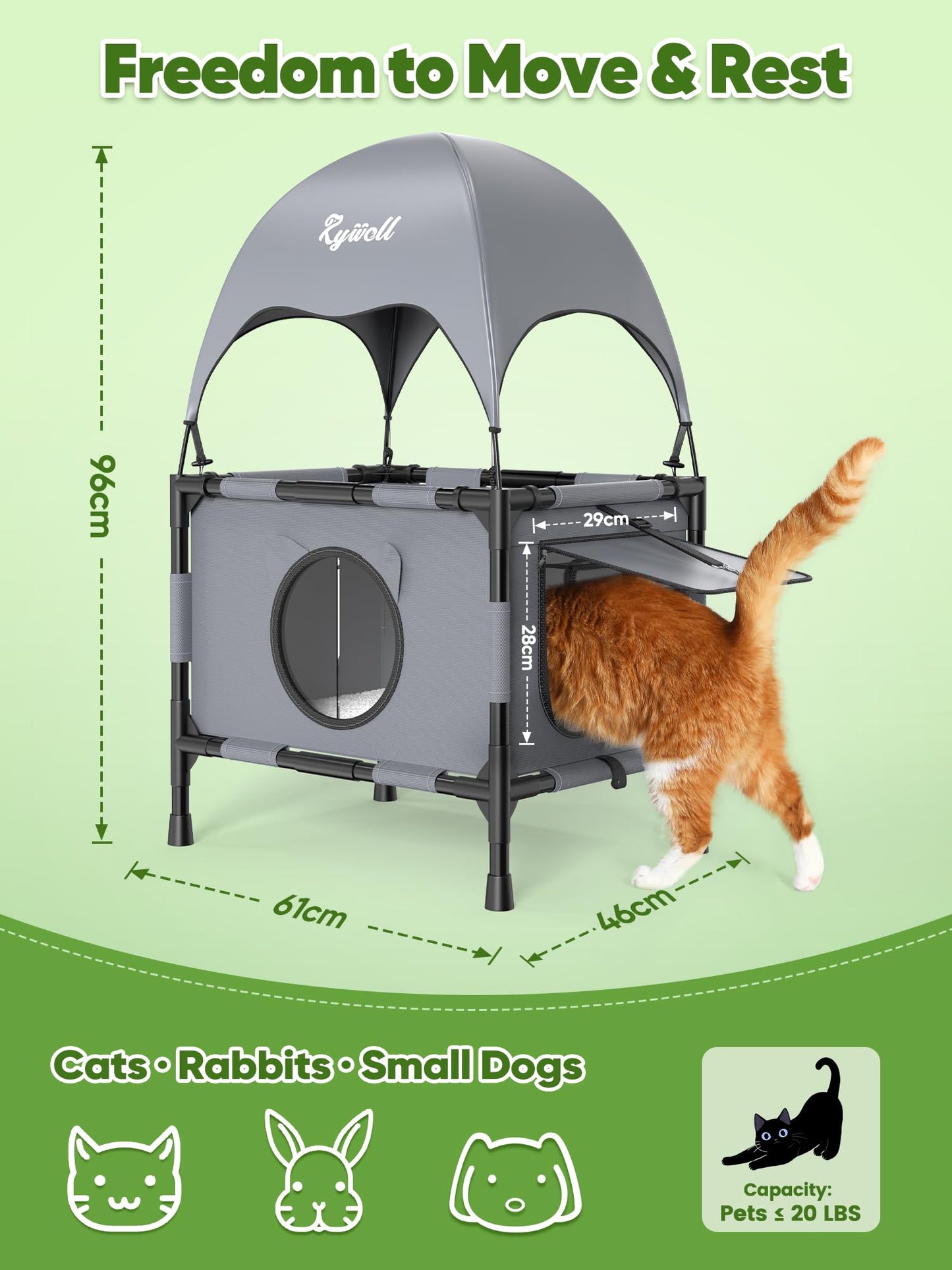 Rywell Outdoor Cat House Elevated 2-Tier Outdoor Cat Shelter with Canopy, Multi-Level Raised Platform, Outside Cat House with Breathable Mesh & Reversible Pad for Multiple Cats