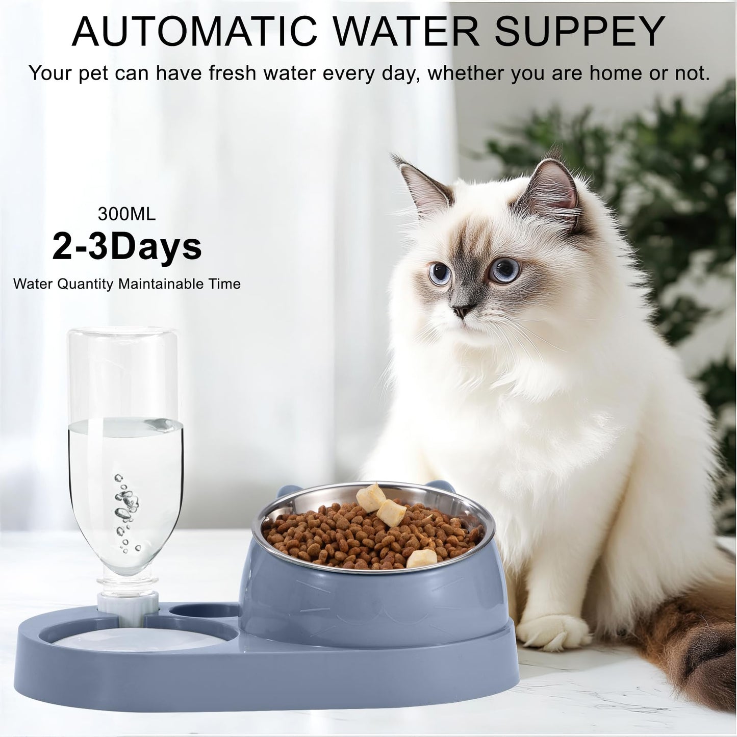 Rywell 2-in-1 Raised Cat Bowl Set with Gravity Water Dispenser, 15° Tilted Elevated Pet Feeder for Cats & Dogs, Anti-Spill Neck Protection Feeding Station