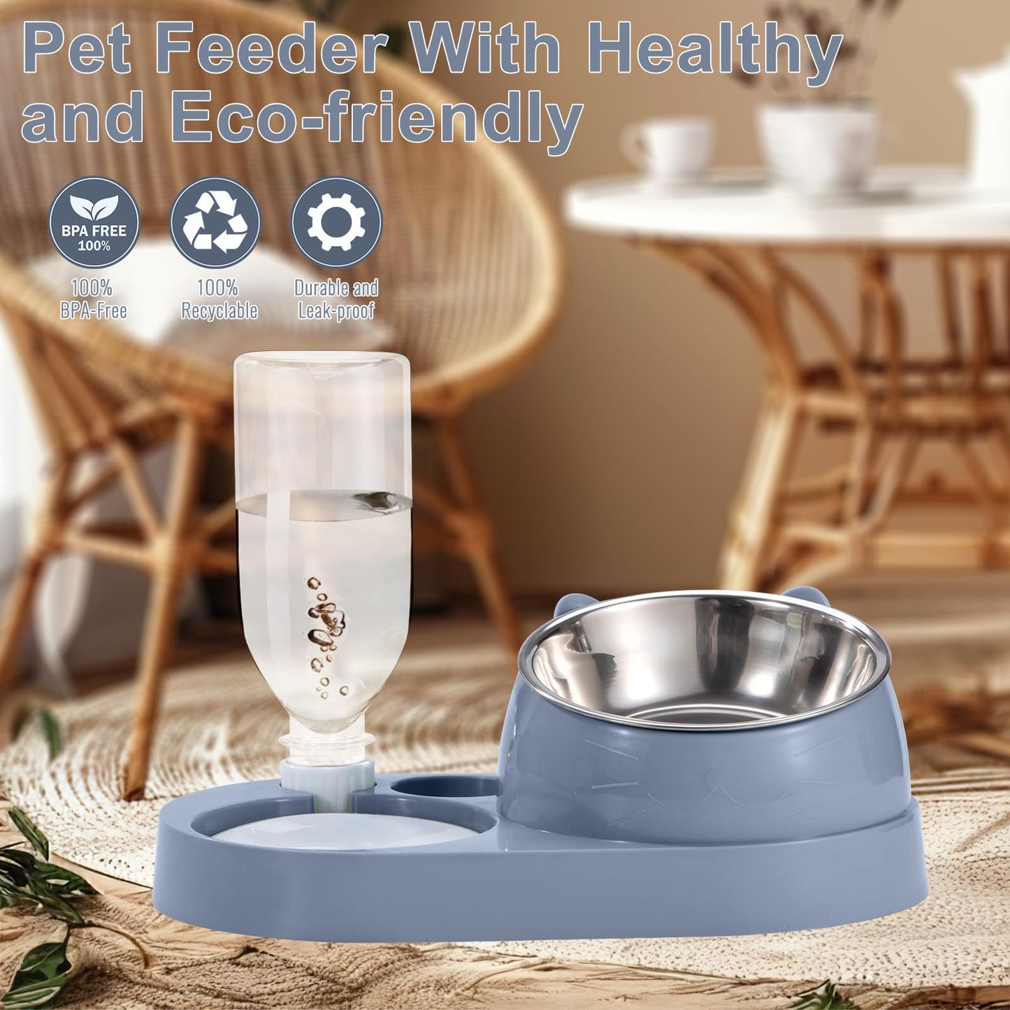 Rywell 2-in-1 Raised Cat Bowl Set with Gravity Water Dispenser, 15° Tilted Elevated Pet Feeder for Cats & Dogs, Anti-Spill Neck Protection Feeding Station