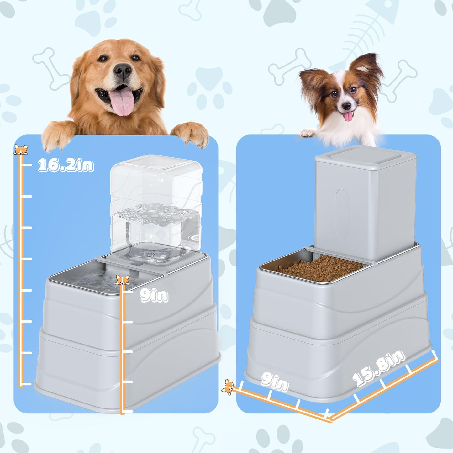 Rywell 4L Gravity Pet Feeder and Water Dispenser Set, Automatic with Stainless Steel Bowls, 3 Height Adjustable for Dogs and Cats