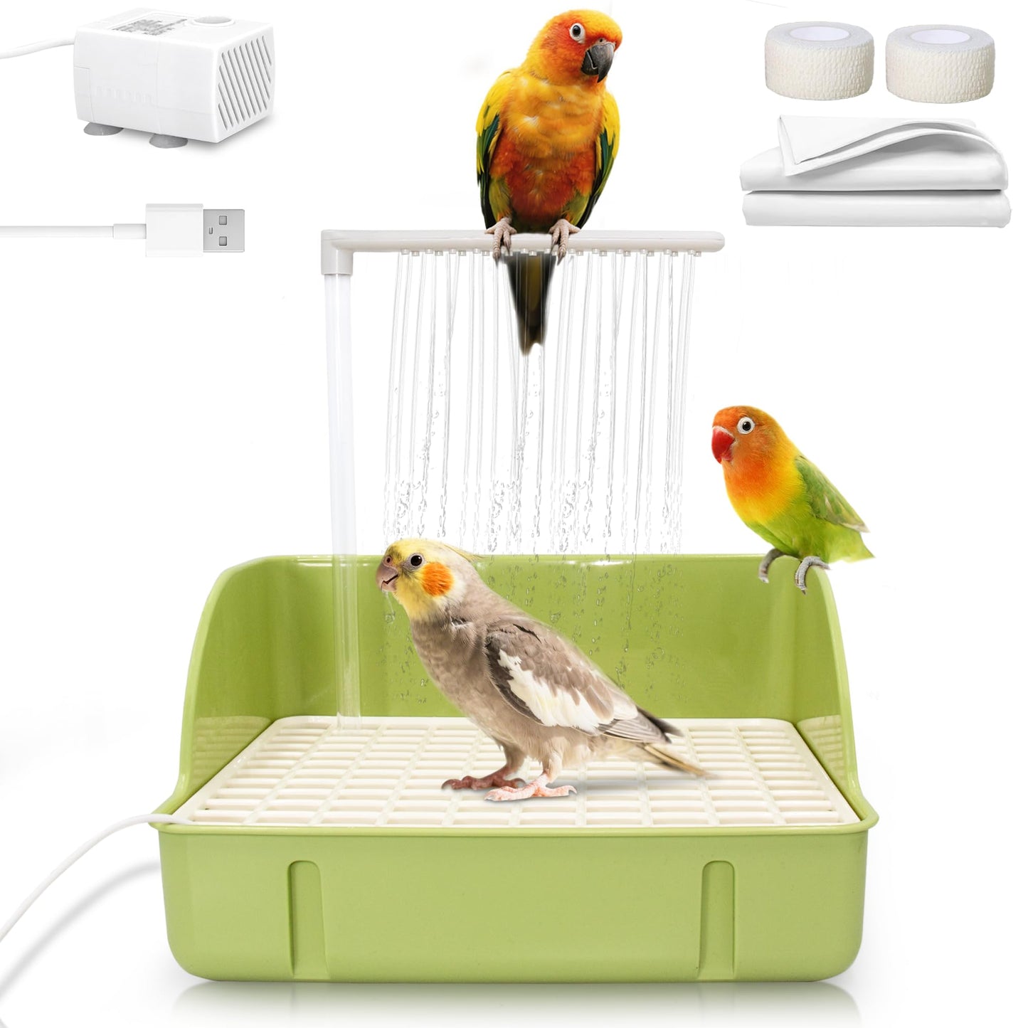 Rywell Automatic Parakeet Bird Bath with Pump, Large Bird Shower Fountain Indoor Bathtub with Running Water, Parrot Bath Tub Faucet for Pet Birds, African Grey, Cockatiel, Conure, Budgie, Lovebird