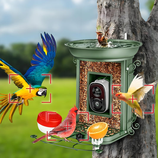 Rywell AI-Powered Solar Smart Bird Feeder – Metal Cage, Portable, Wind & Rain Resistant, with bird bath