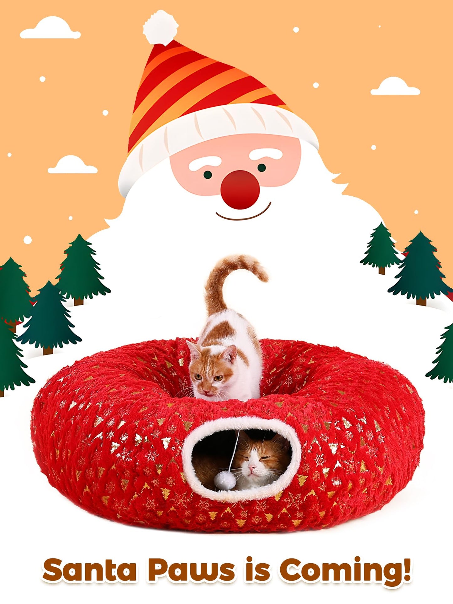 Rywell 3-in-1 Cat Tunnel Christmas Tree Skirt,Soft Plush Tunnel Bed for Indoor Cats Play, Rest & Hide, Foldable Cat Tunnel with Cozy Cushion & Toy Balls, Perfect for Christmas Tree Decor