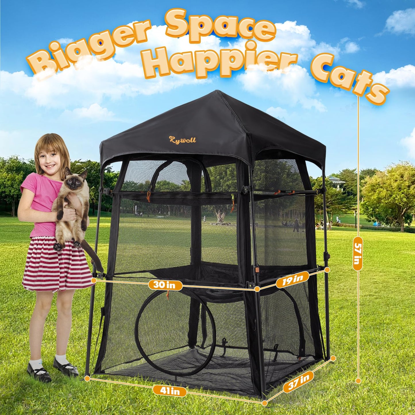 Rywell Large Outdoor Catio for Cats – Portable 3-Level Cat Enclosure, Foldable Weatherproof Cat Tent with 5 Windows & Carry Bag