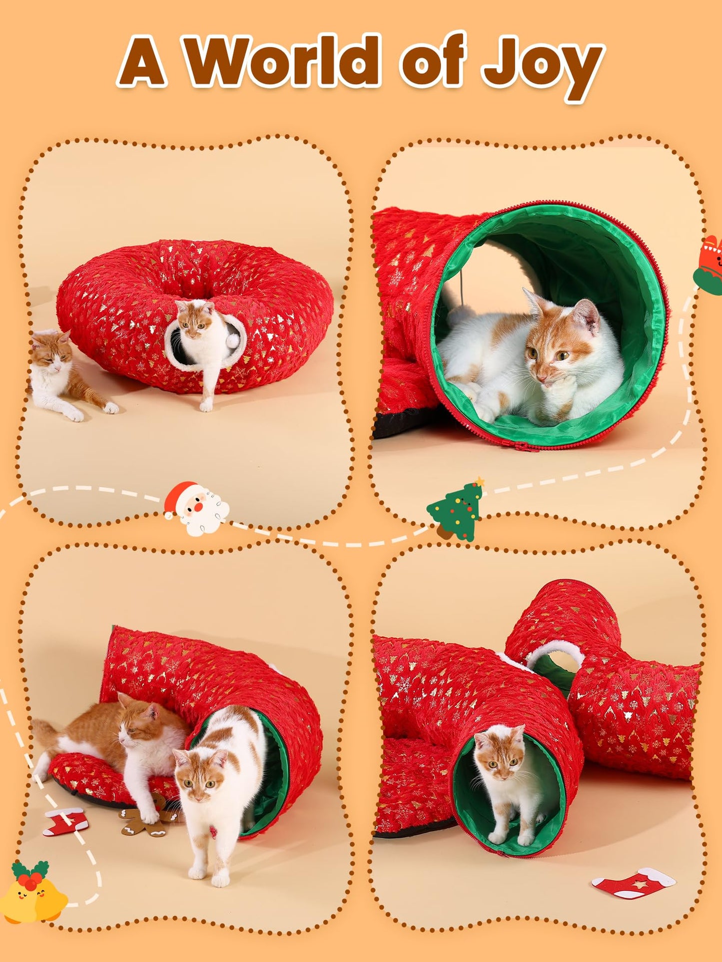 Rywell 3-in-1 Cat Tunnel Christmas Tree Skirt,Soft Plush Tunnel Bed for Indoor Cats Play, Rest & Hide, Foldable Cat Tunnel with Cozy Cushion & Toy Balls, Perfect for Christmas Tree Decor