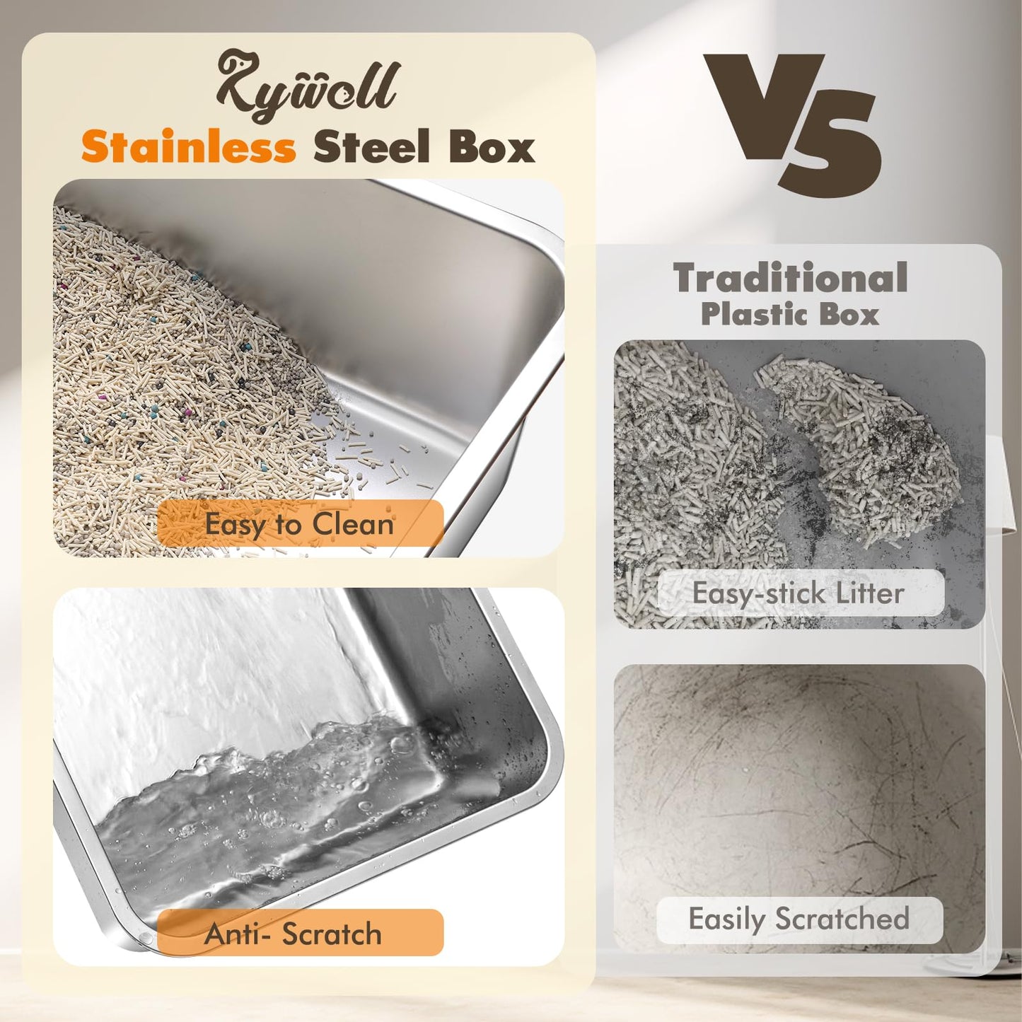 Rywell Stainless Steel Litter Box, Covered XL Extra Large Cat Litter Box Enclosure, Metal Kitty Litter Boxes with Lid, Litter Scoop, Filter Pedal and Litter Mat, Anti-Leakage, Non-Stick, Easy to Clean