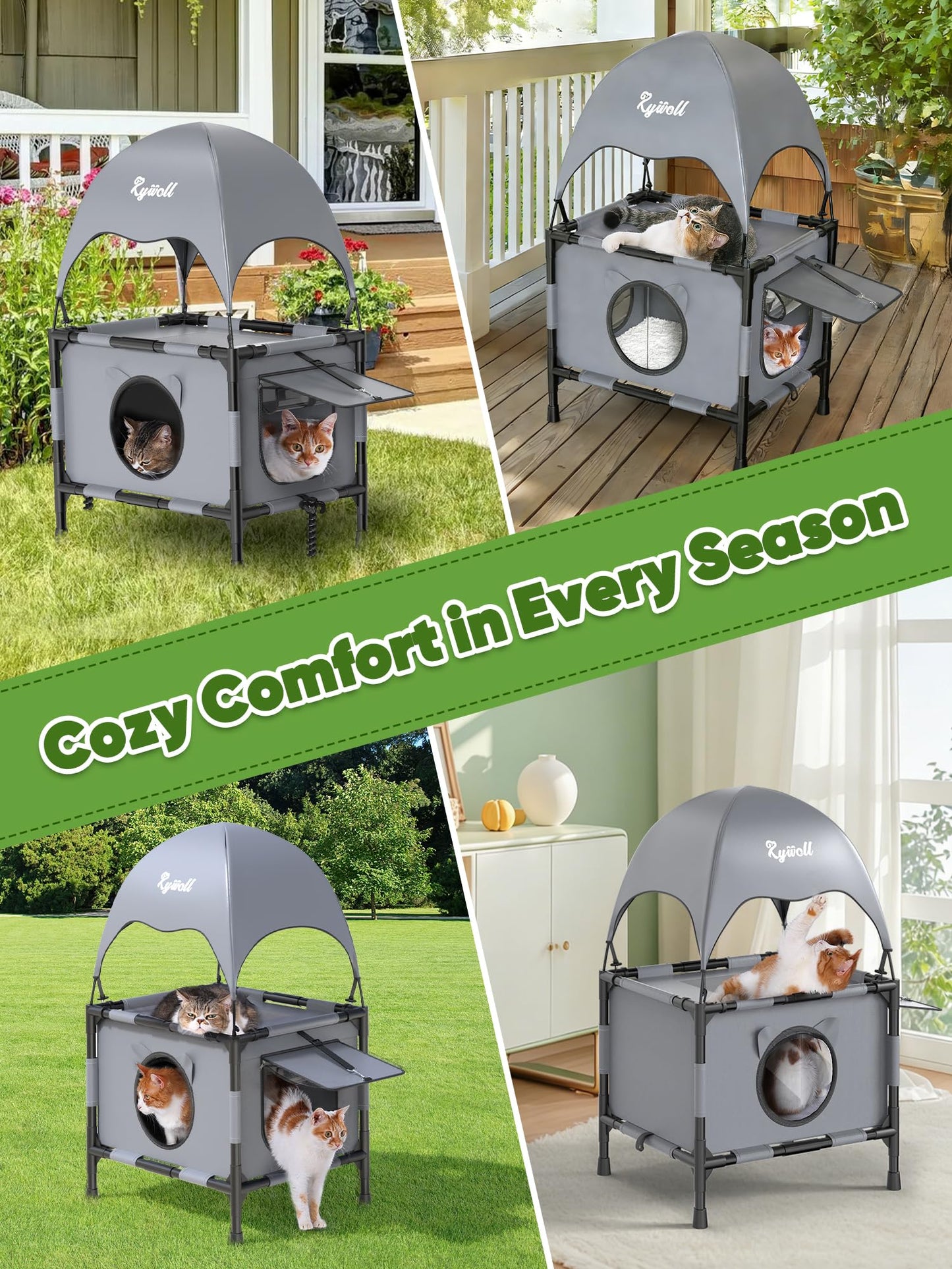 Rywell Outdoor Cat House Elevated 2-Tier Outdoor Cat Shelter with Canopy, Multi-Level Raised Platform, Outside Cat House with Breathable Mesh & Reversible Pad for Multiple Cats