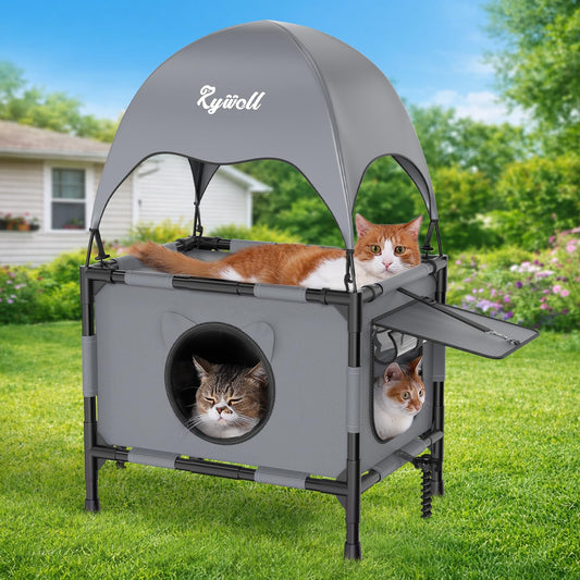 Rywell Outdoor Cat House Elevated 2-Tier Outdoor Cat Shelter with Canopy, Multi-Level Raised Platform, Outside Cat House with Breathable Mesh & Reversible Pad for Multiple Cats