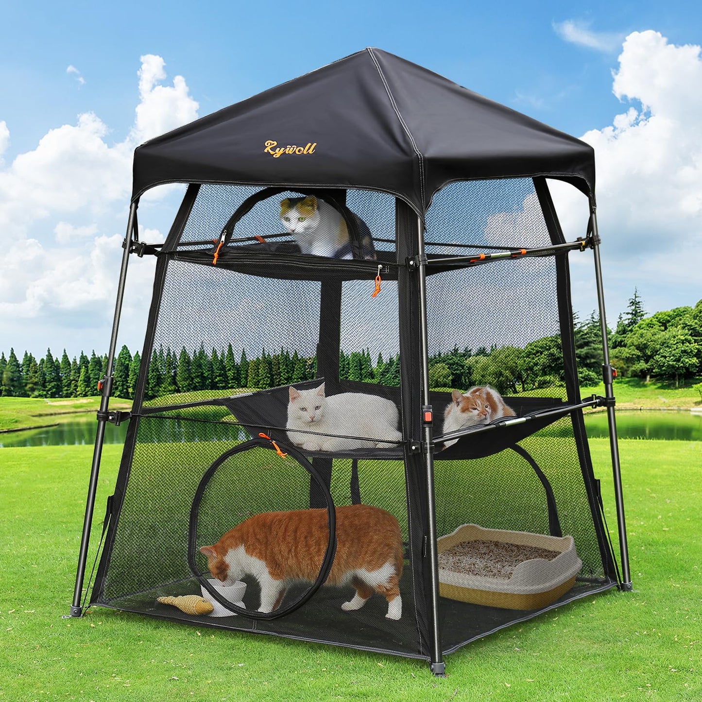 Rywell Large Outdoor Catio for Cats – Portable 3-Level Cat Enclosure, Foldable Weatherproof Cat Tent with 5 Windows & Carry Bag