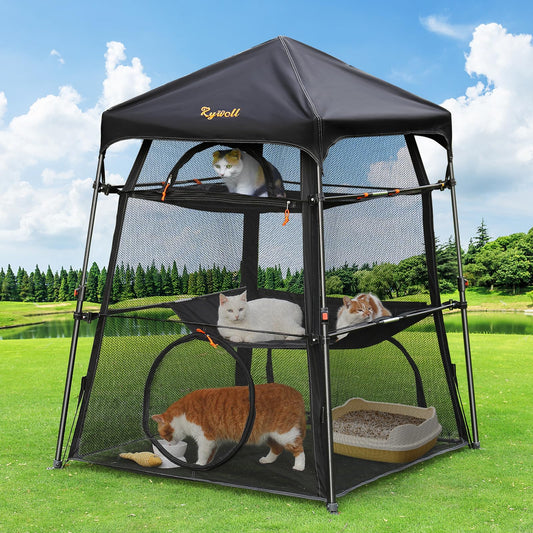 Rywell Large Outdoor Catio for Cats – Portable 3-Level Cat Enclosure, Foldable Weatherproof Cat Tent with 5 Windows & Carry Bag