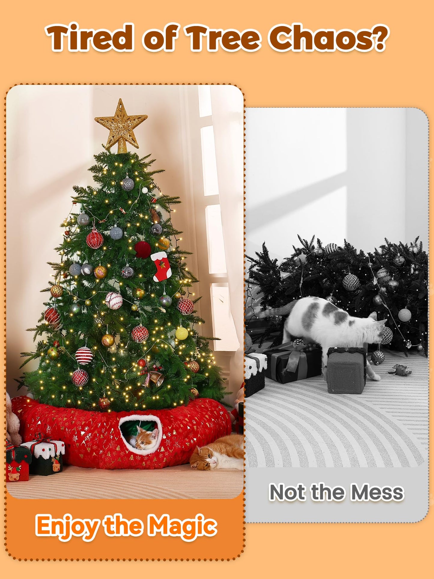 Rywell 3-in-1 Cat Tunnel Christmas Tree Skirt,Soft Plush Tunnel Bed for Indoor Cats Play, Rest & Hide, Foldable Cat Tunnel with Cozy Cushion & Toy Balls, Perfect for Christmas Tree Decor