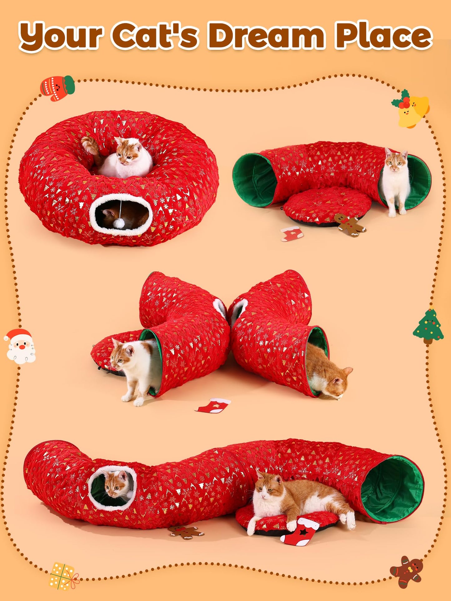 Rywell 3-in-1 Cat Tunnel Christmas Tree Skirt,Soft Plush Tunnel Bed for Indoor Cats Play, Rest & Hide, Foldable Cat Tunnel with Cozy Cushion & Toy Balls, Perfect for Christmas Tree Decor