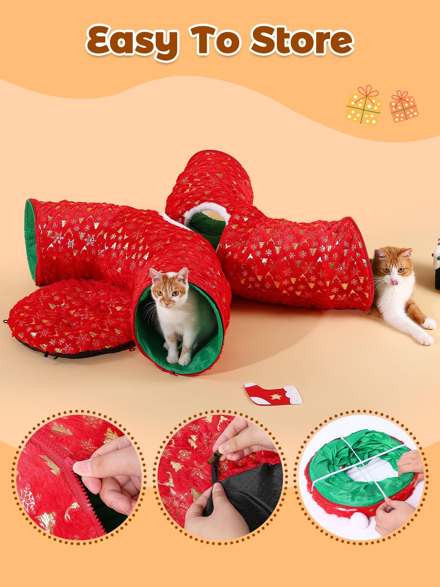 Rywell 3-in-1 Cat Tunnel Christmas Tree Skirt,Soft Plush Tunnel Bed for Indoor Cats Play, Rest & Hide, Foldable Cat Tunnel with Cozy Cushion & Toy Balls, Perfect for Christmas Tree Decor