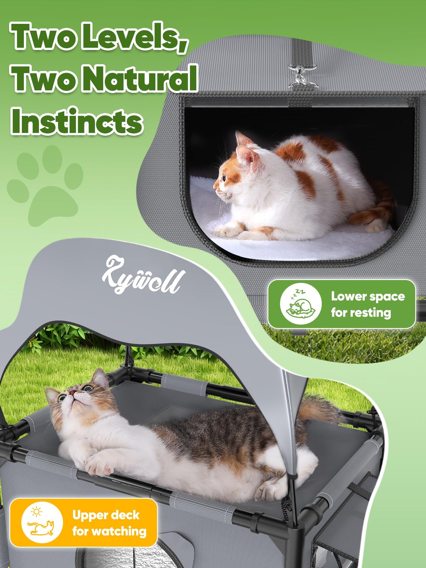 Rywell Outdoor Cat House Elevated 2-Tier Outdoor Cat Shelter with Canopy, Multi-Level Raised Platform, Outside Cat House with Breathable Mesh & Reversible Pad for Multiple Cats