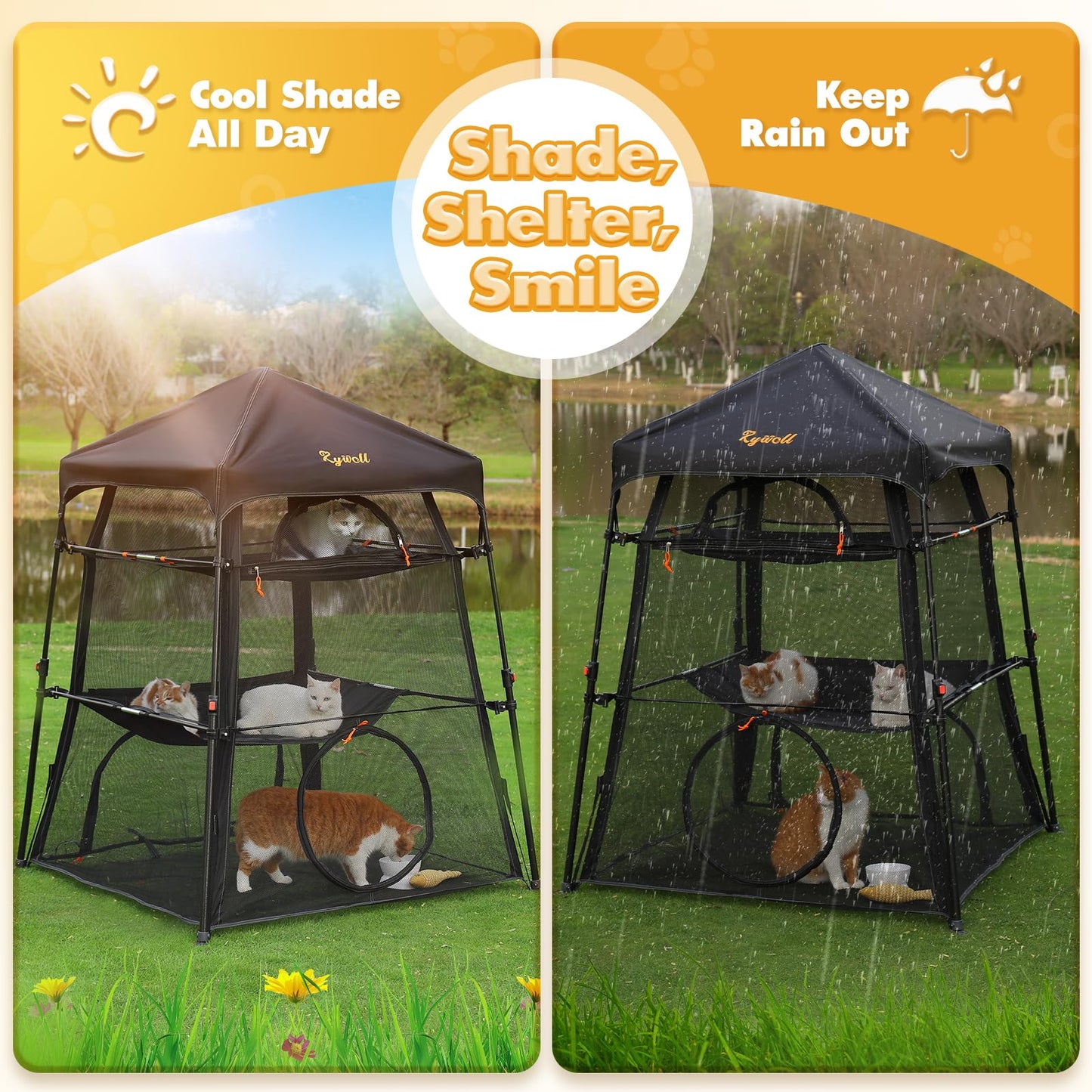 Rywell Large Outdoor Catio for Cats – Portable 3-Level Cat Enclosure, Foldable Weatherproof Cat Tent with 5 Windows & Carry Bag