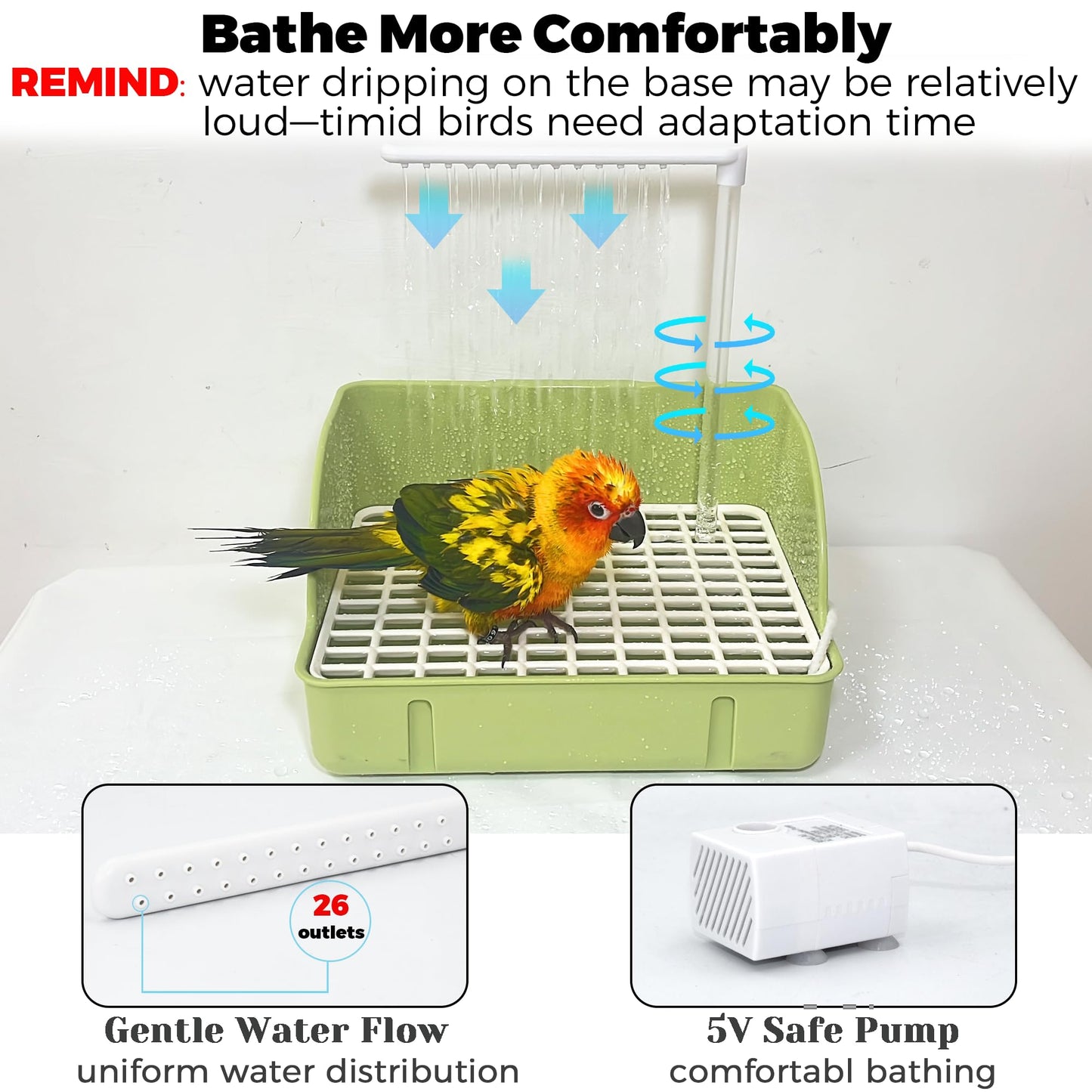 Rywell Automatic Parakeet Bird Bath with Pump, Large Bird Shower Fountain Indoor Bathtub with Running Water, Parrot Bath Tub Faucet for Pet Birds, African Grey, Cockatiel, Conure, Budgie, Lovebird