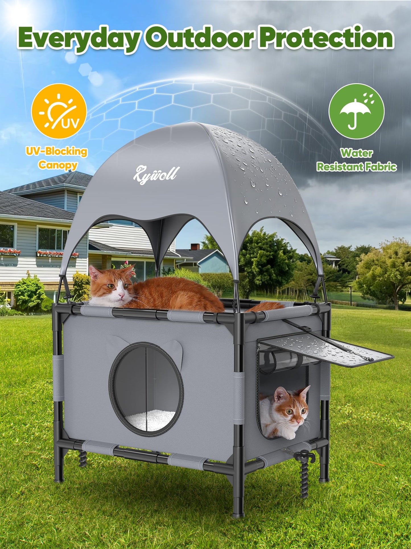 Rywell Outdoor Cat House Elevated 2-Tier Outdoor Cat Shelter with Canopy, Multi-Level Raised Platform, Outside Cat House with Breathable Mesh & Reversible Pad for Multiple Cats