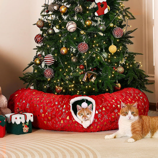 Rywell 3-in-1 Cat Tunnel Christmas Tree Skirt,Soft Plush Tunnel Bed for Indoor Cats Play, Rest & Hide, Foldable Cat Tunnel with Cozy Cushion & Toy Balls, Perfect for Christmas Tree Decor