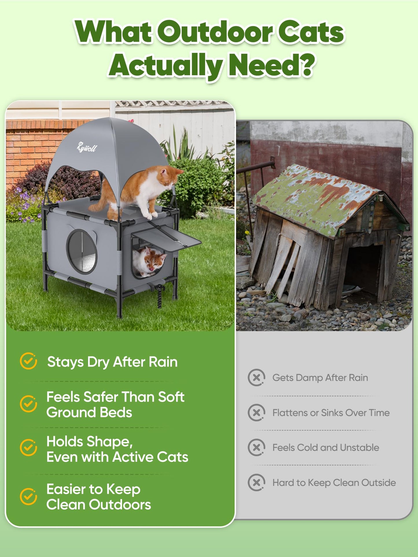 Rywell Outdoor Cat House Elevated 2-Tier Outdoor Cat Shelter with Canopy, Multi-Level Raised Platform, Outside Cat House with Breathable Mesh & Reversible Pad for Multiple Cats