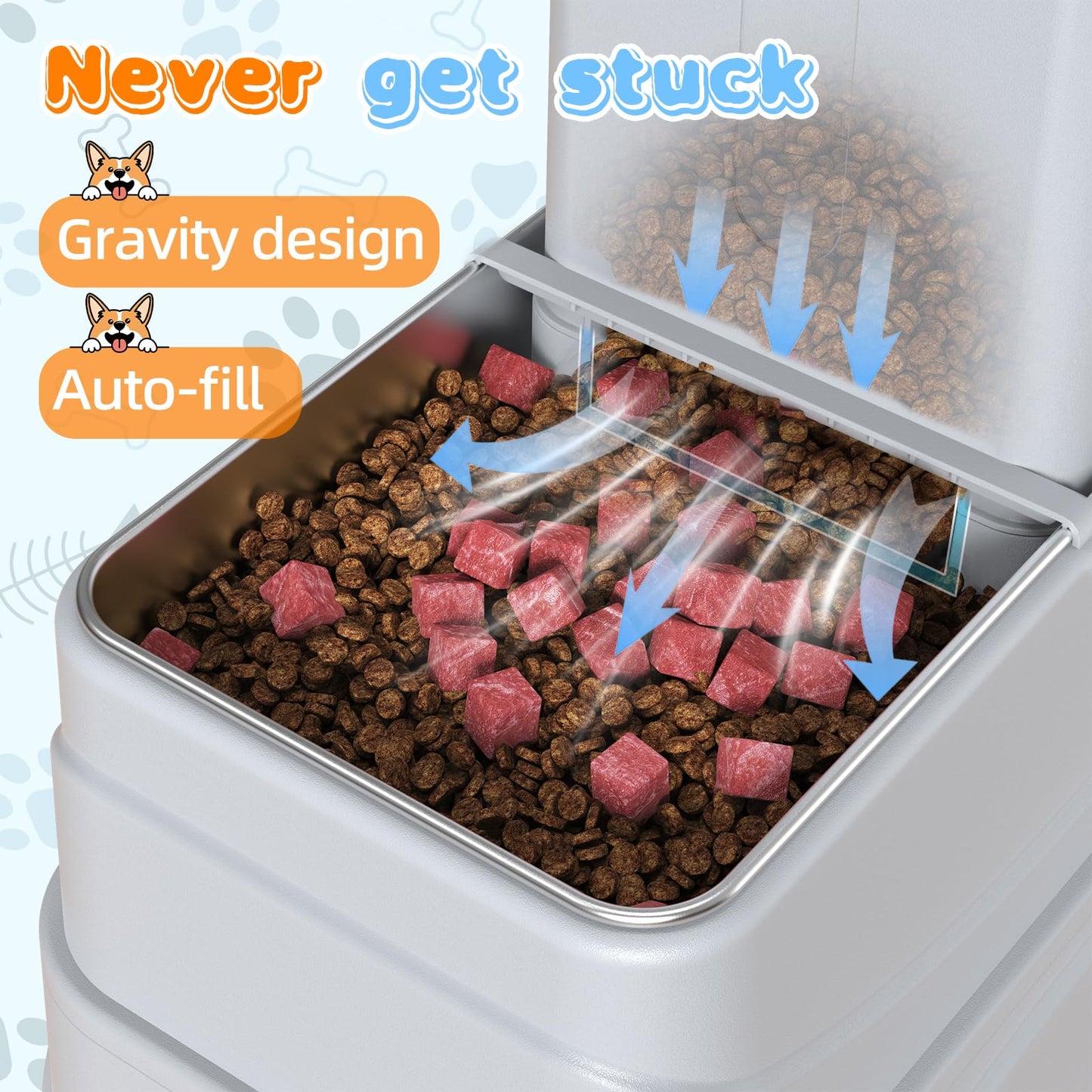 Rywell 4L Gravity Pet Feeder and Water Dispenser Set, Automatic with Stainless Steel Bowls, 3 Height Adjustable for Dogs and Cats