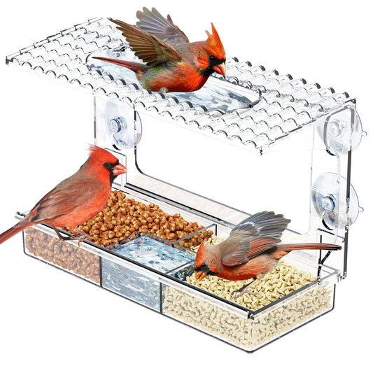 Rywell Acrylcc Window Bird Feeders with Strong Suction Cups for Window Viewing and Balcony,See Through Wild Birdfeeder with Bath and Water Combo,Clear Windows Bird Feeder for Cats,Kids,Birds Lover Gifts