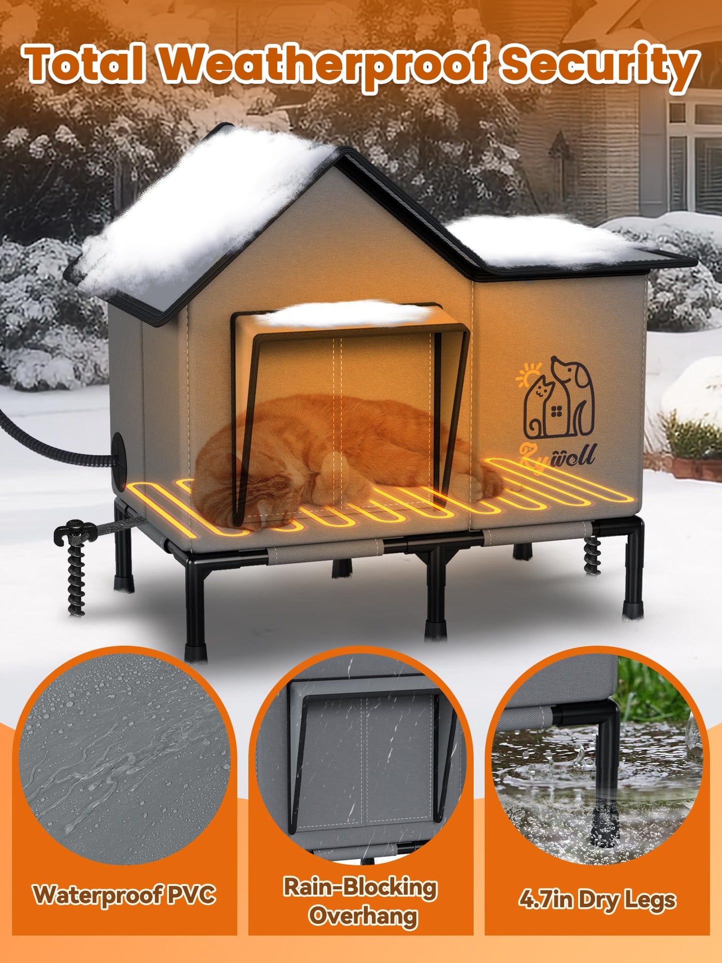 Rywell Heated Cat House for Outside,Super Insulated&Weatherproof Heated Cat House, Elevated Outdoor Cat Shelter for Feral Cat with Waterproof Eaves,Timer & Temp Adjustable