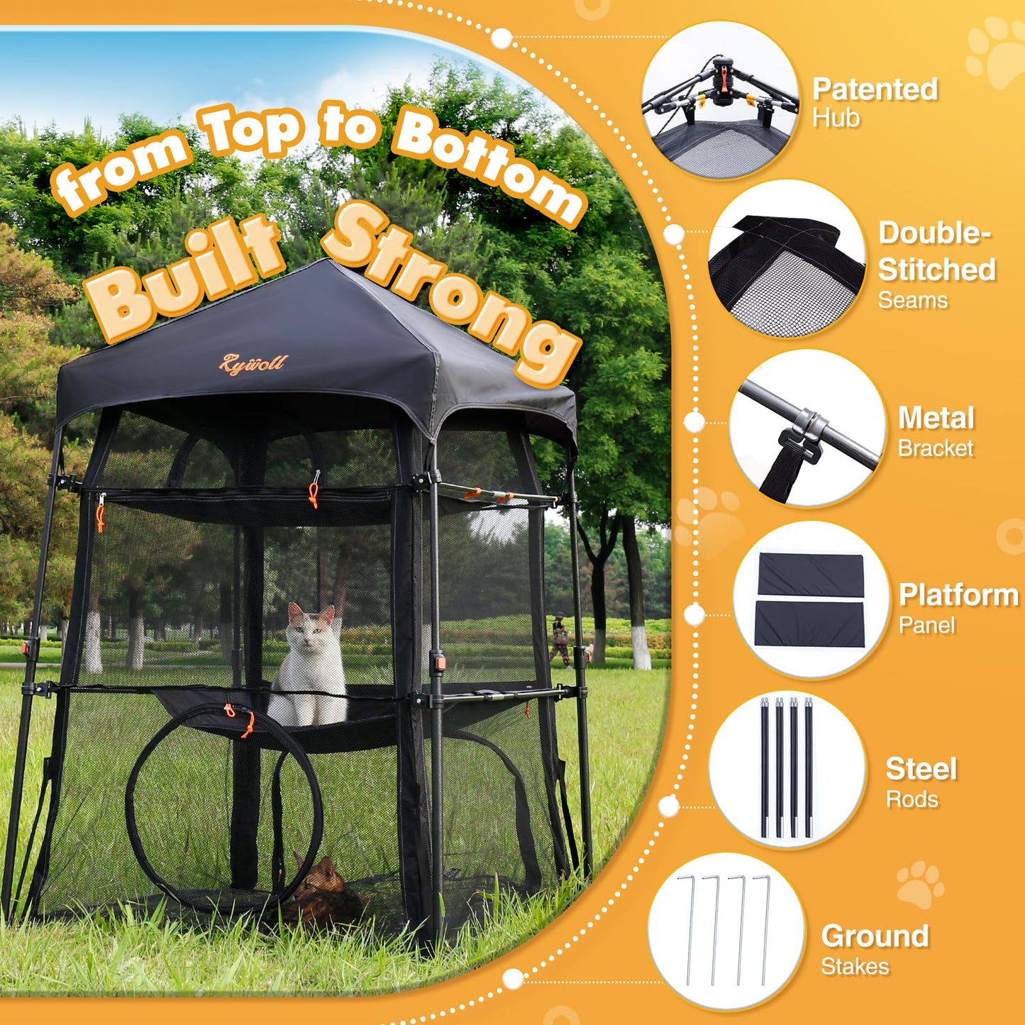 Rywell Large Outdoor Catio for Cats – Portable 3-Level Cat Enclosure, Foldable Weatherproof Cat Tent with 5 Windows & Carry Bag