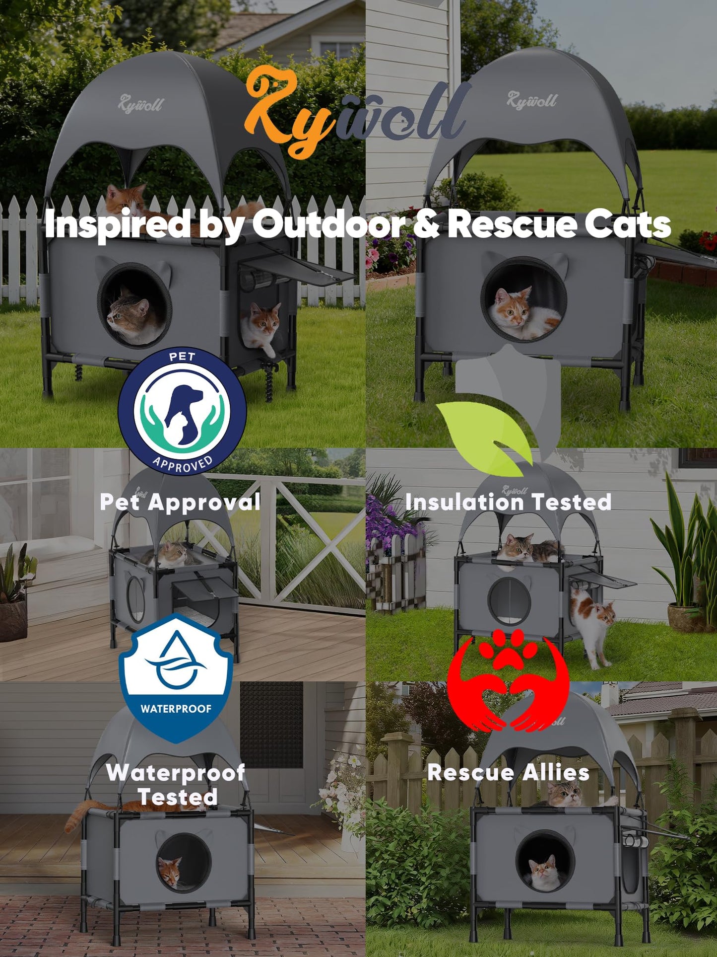 Rywell Outdoor Cat House Elevated 2-Tier Outdoor Cat Shelter with Canopy, Multi-Level Raised Platform, Outside Cat House with Breathable Mesh & Reversible Pad for Multiple Cats
