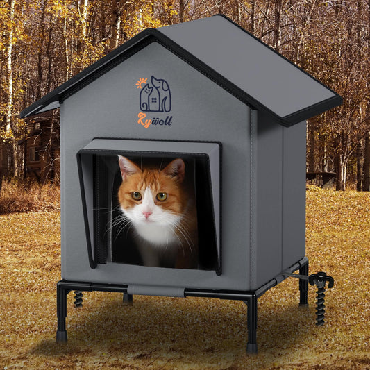 Rywell Cat Houses for Outdoor, Insulated&Weatherproof Outdoor Cats Shelter for All-Season,Easy Assemble with Ground Stakes, Door Flap & Elevated Base