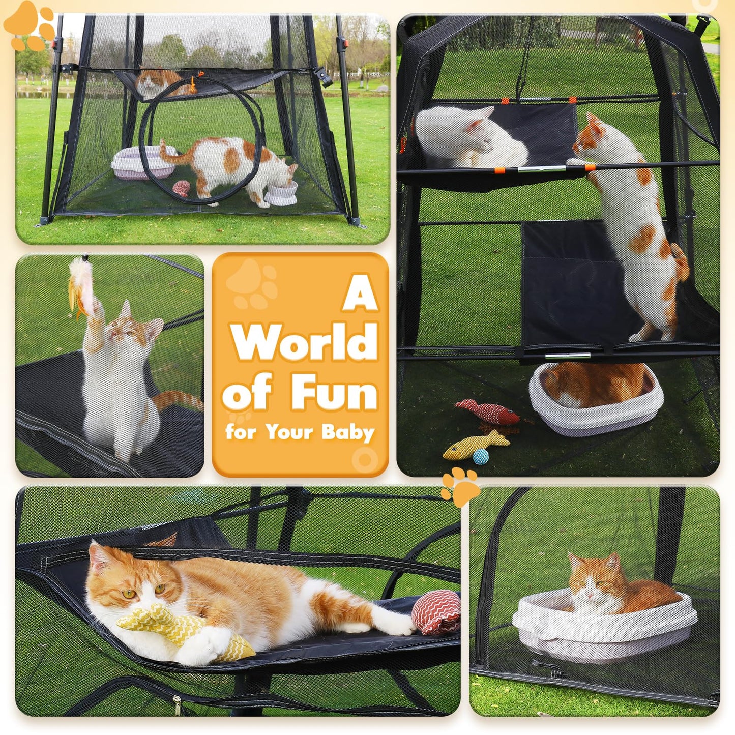 Rywell Large Outdoor Catio for Cats – Portable 3-Level Cat Enclosure, Foldable Weatherproof Cat Tent with 5 Windows & Carry Bag