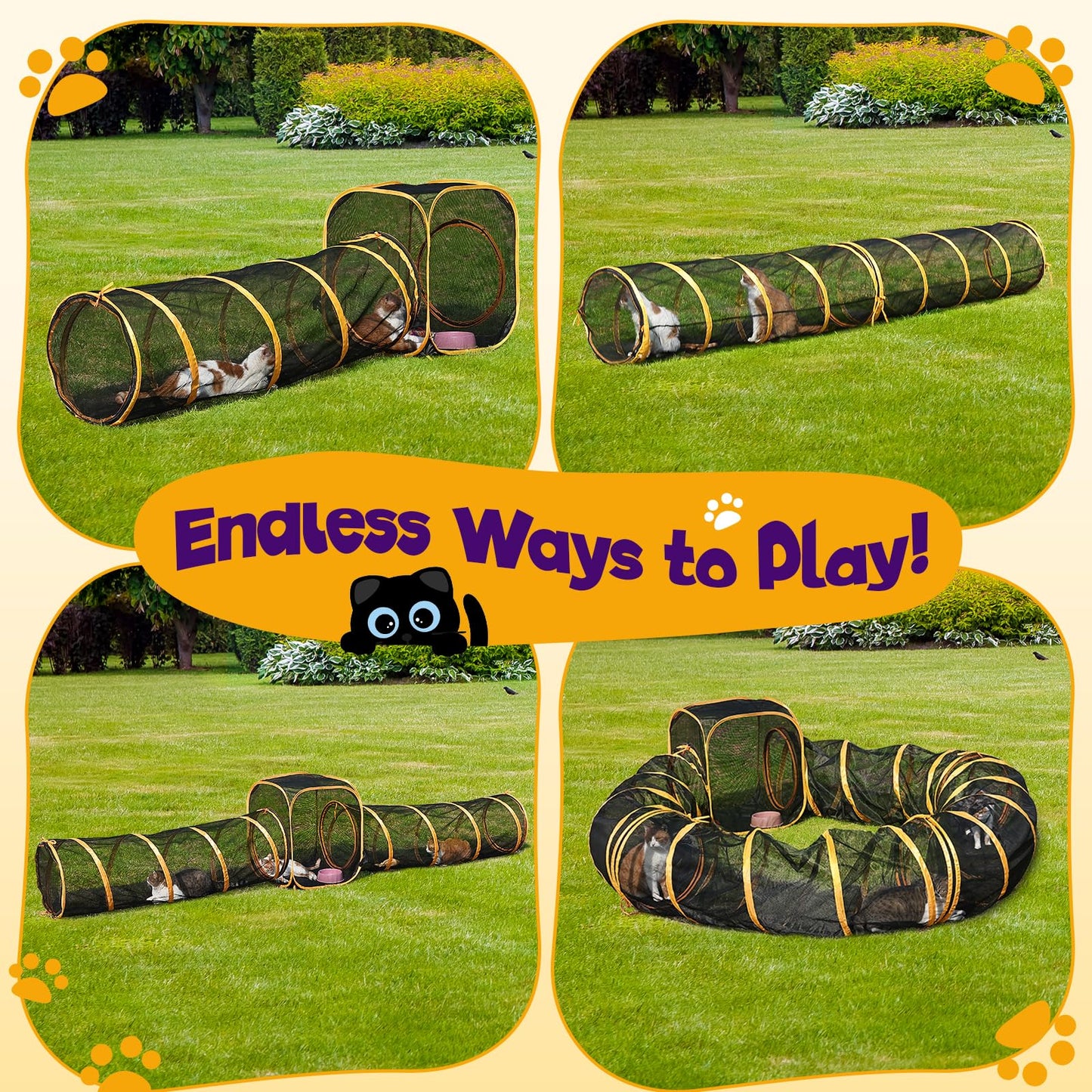 Rywell Portable Outdoor Cat Enclosure – 10FT Tunnel & Cube Catio, Safe Playpen for Multiple Cats, Easy Setup