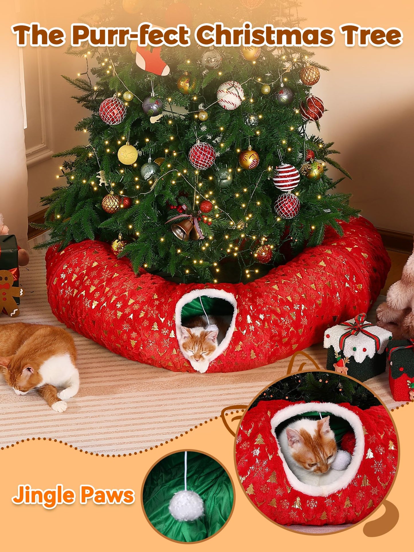 Rywell 3-in-1 Cat Tunnel Christmas Tree Skirt,Soft Plush Tunnel Bed for Indoor Cats Play, Rest & Hide, Foldable Cat Tunnel with Cozy Cushion & Toy Balls, Perfect for Christmas Tree Decor
