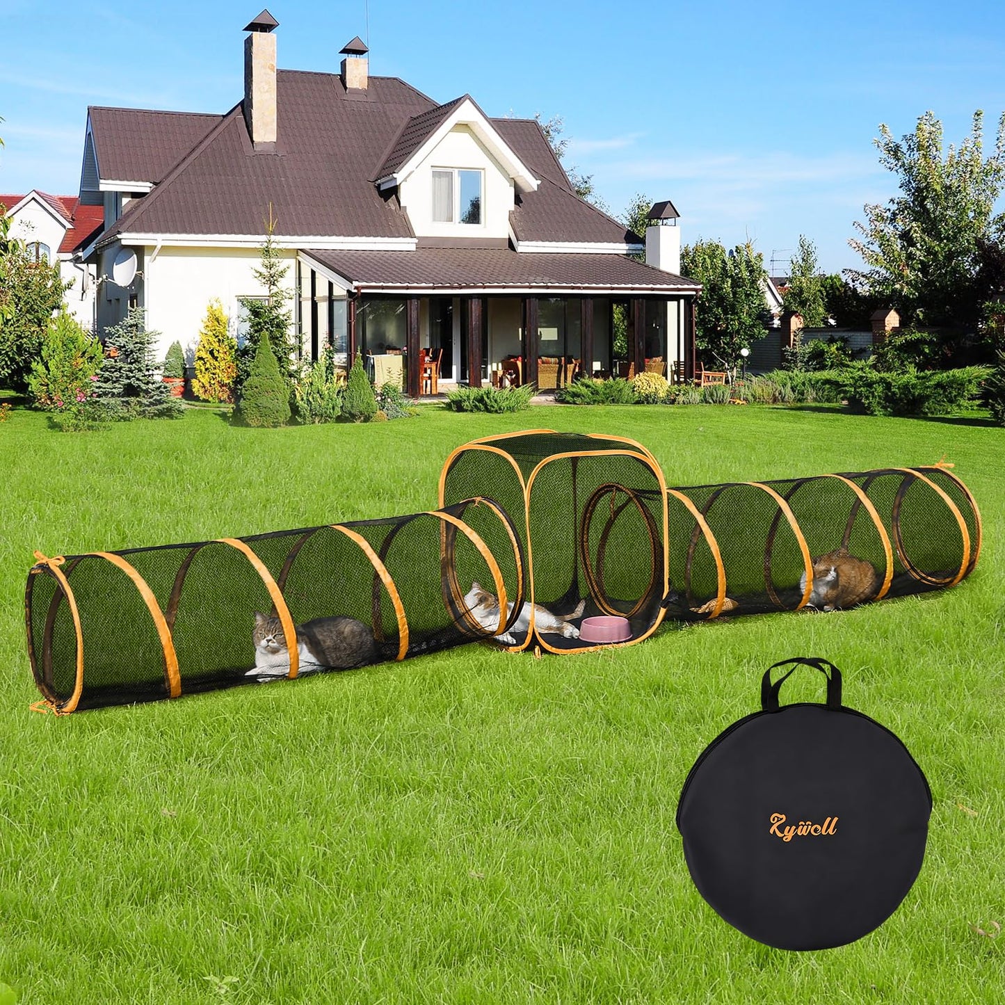 Rywell Portable Outdoor Cat Enclosure – 10FT Tunnel & Cube Catio, Safe Playpen for Multiple Cats, Easy Setup