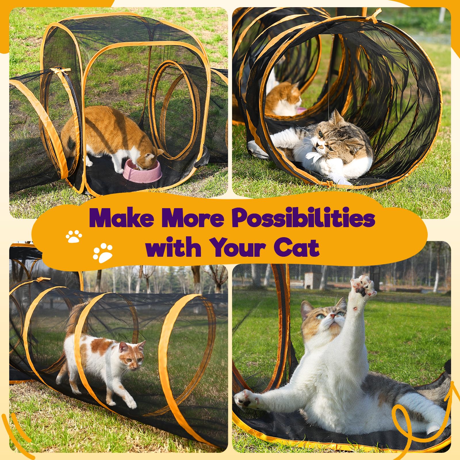 Rywell Portable Outdoor Cat Enclosure – 10FT Tunnel & Cube Catio, Safe Playpen for Multiple Cats, Easy Setup