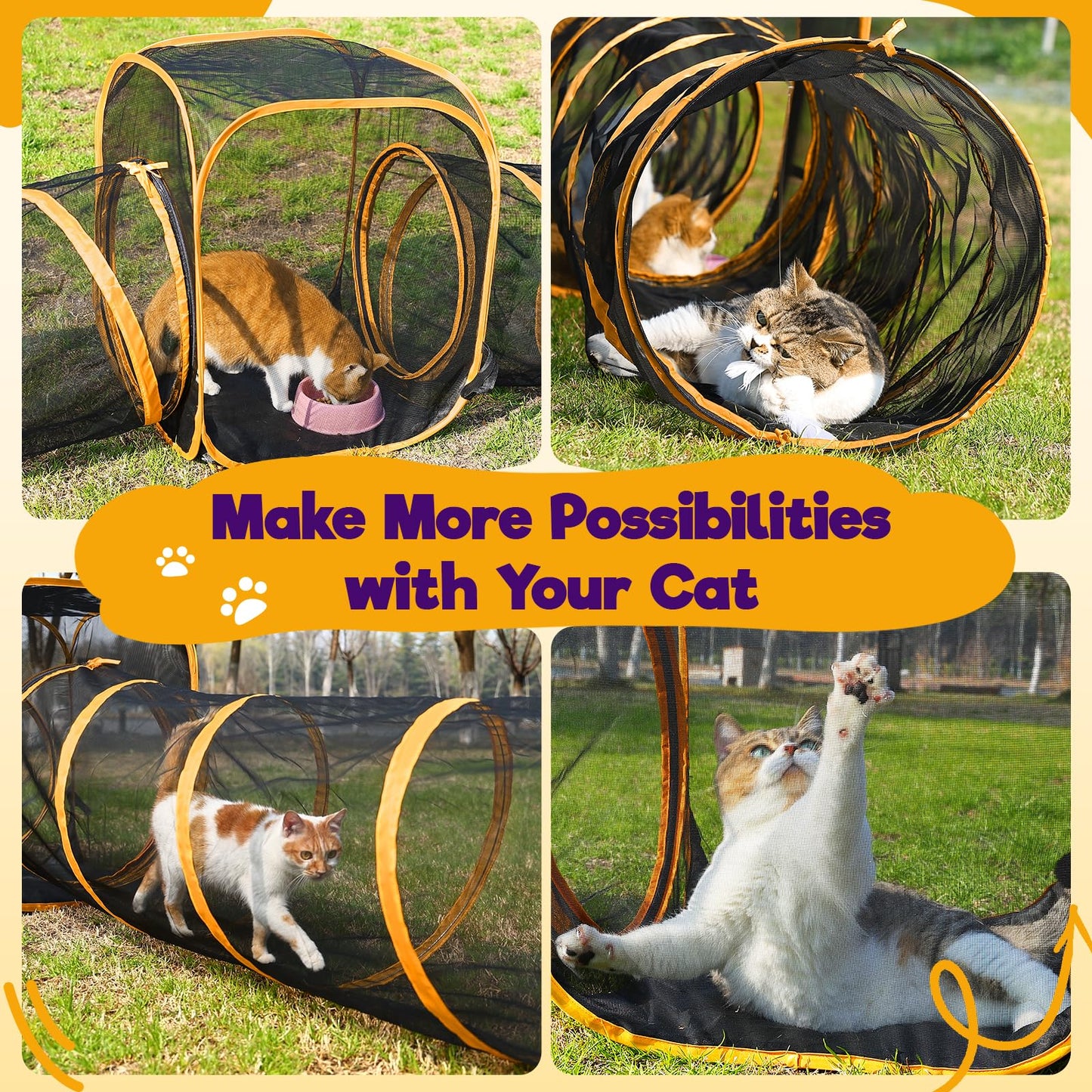 Rywell Portable Outdoor Cat Enclosure – 10FT Tunnel & Cube Catio, Safe Playpen for Multiple Cats, Easy Setup