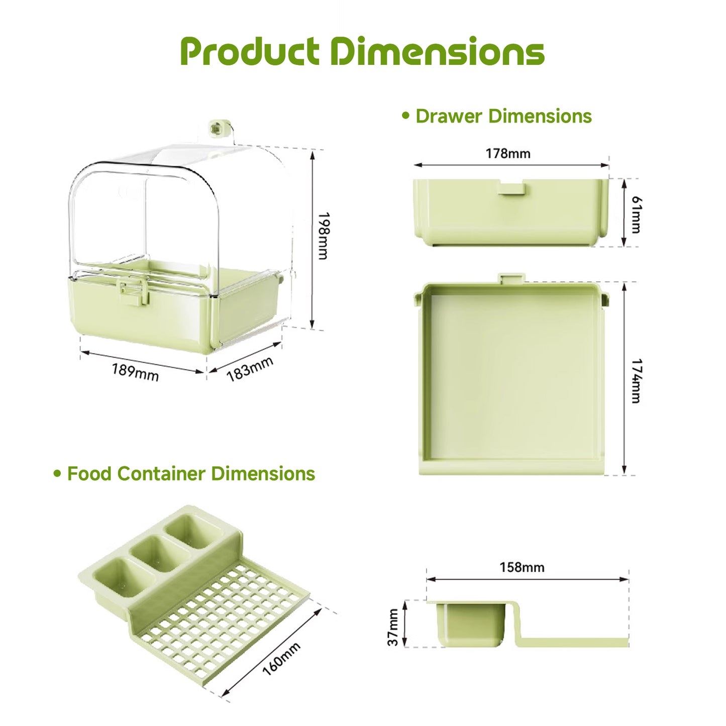Rywell Hanging Bird Bath for Cage with Bowls & Mesh Bottom - 3-in-1 Multifunction Bird Bath/Bowl/House, Bird Shower for Lovebirds, Finches, Parakeets, Budgies, and Other Small to Medium Birds - Green
