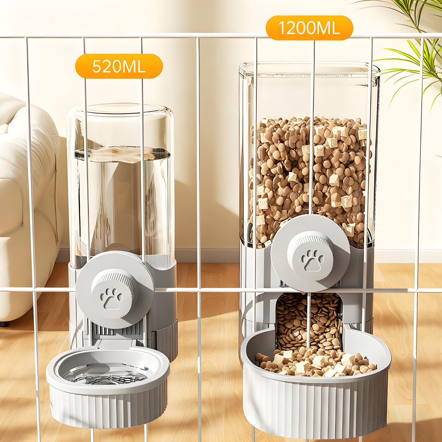 Rywell Hanging Automatic Food Water Dispenser,Rabbit Feeder Guinea Pig Water Bottle Food Feeder for Ferret Guinea Pig Rabbit Bunny Cage Accessories (Grey, 520ml+1200ml)