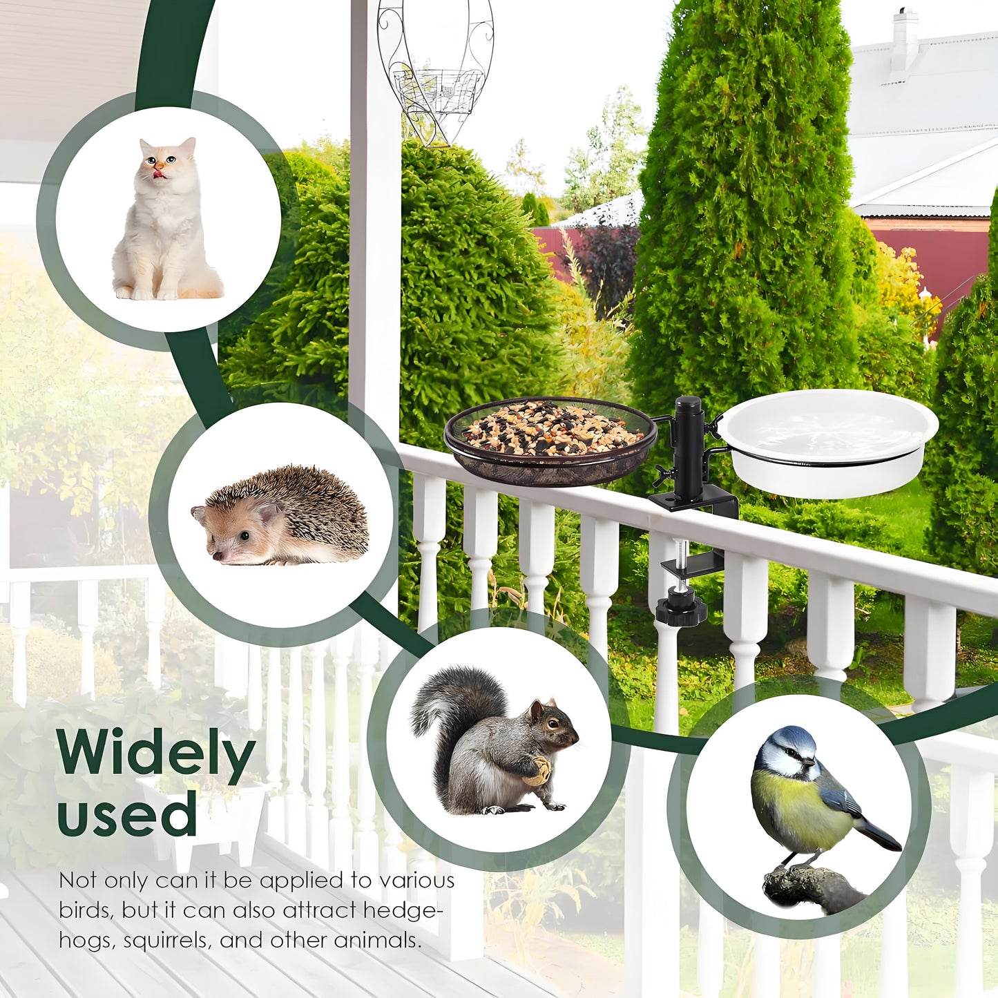 Rywell Deck Bird Feeder & Water Bath – Detachable Balcony & Porch Railing Tray with Metal Mesh and Water Bowl for Attracting Birds