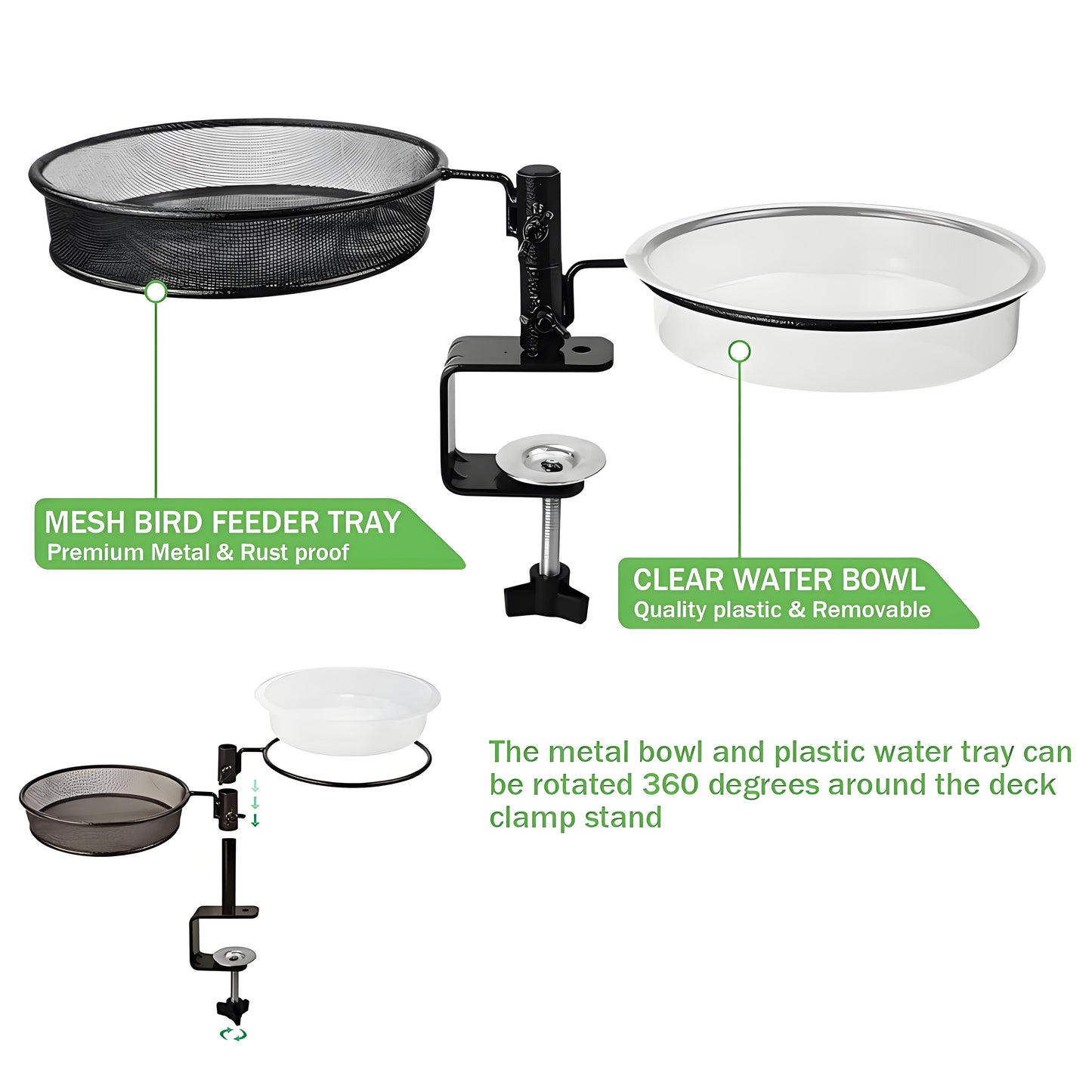 Rywell Deck Bird Feeder & Water Bath – Detachable Balcony & Porch Railing Tray with Metal Mesh and Water Bowl for Attracting Birds