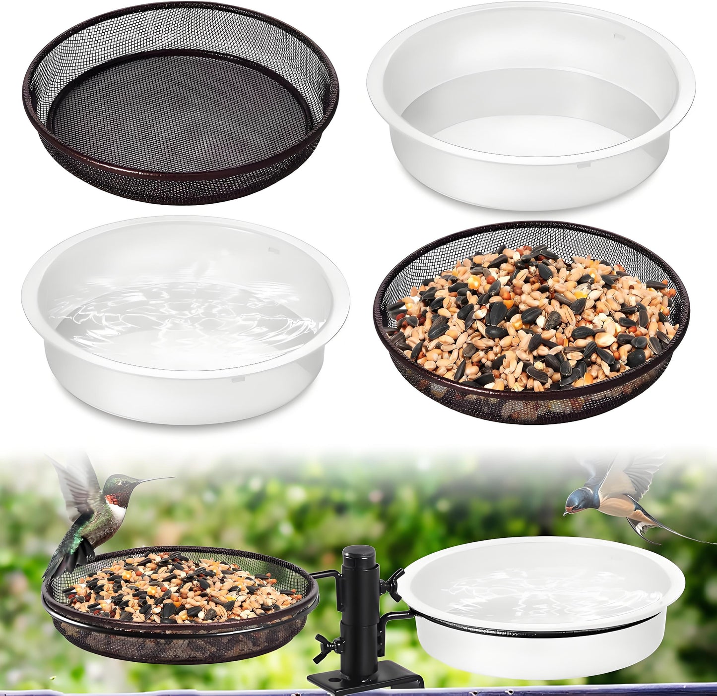 Rywell Deck Bird Feeder & Water Bath – Detachable Balcony & Porch Railing Tray with Metal Mesh and Water Bowl for Attracting Birds