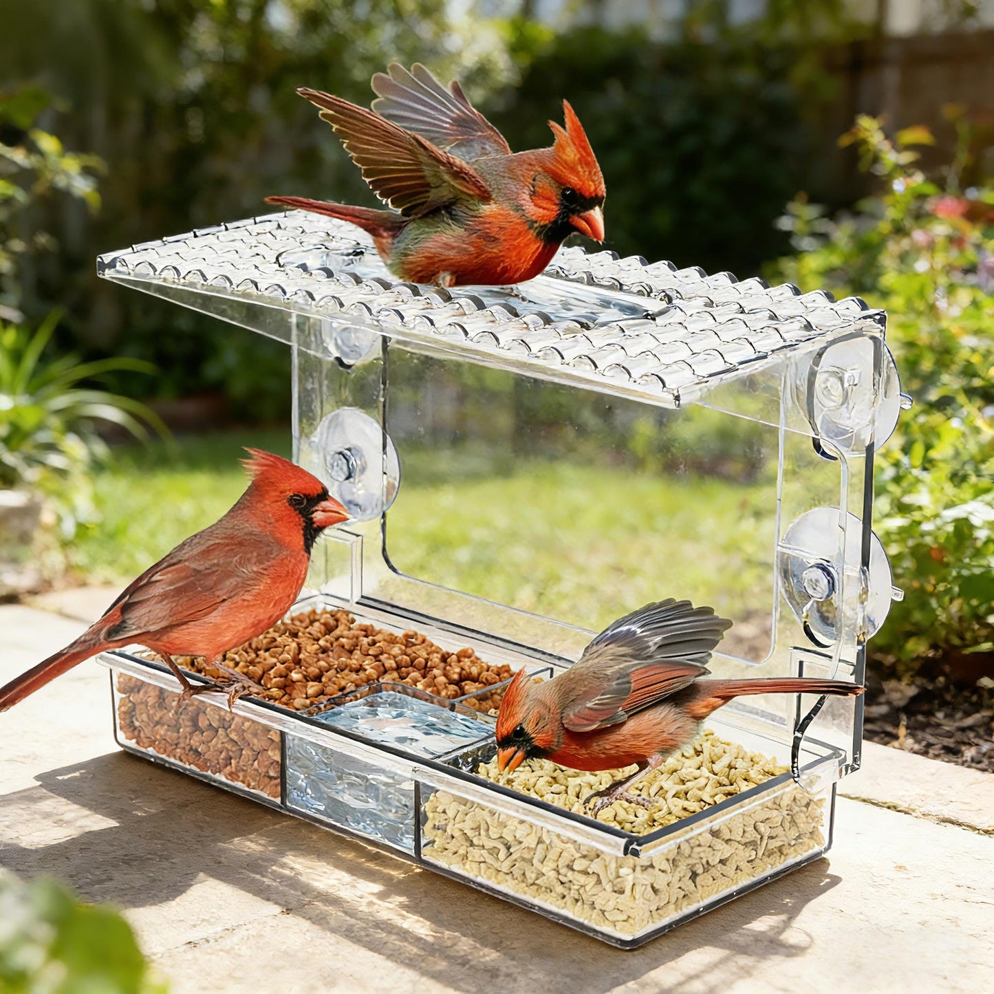 Rywell Acrylcc Window Bird Feeders with Strong Suction Cups for Window Viewing and Balcony,See Through Wild Birdfeeder with Bath and Water Combo,Clear Windows Bird Feeder for Cats,Kids,Birds Lover Gifts
