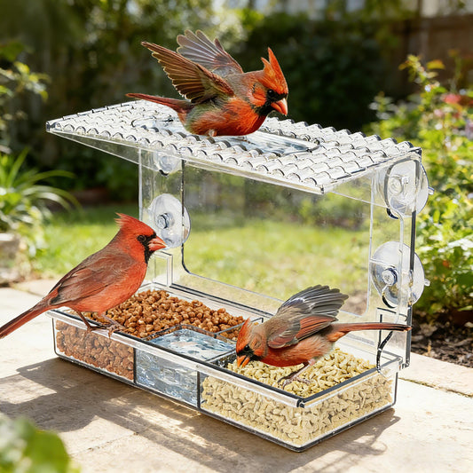 Rywell Acrylcc Window Bird Feeders with Strong Suction Cups for Window Viewing and Balcony,See Through Wild Birdfeeder with Bath and Water Combo,Clear Windows Bird Feeder for Cats,Kids,Birds Lover Gifts