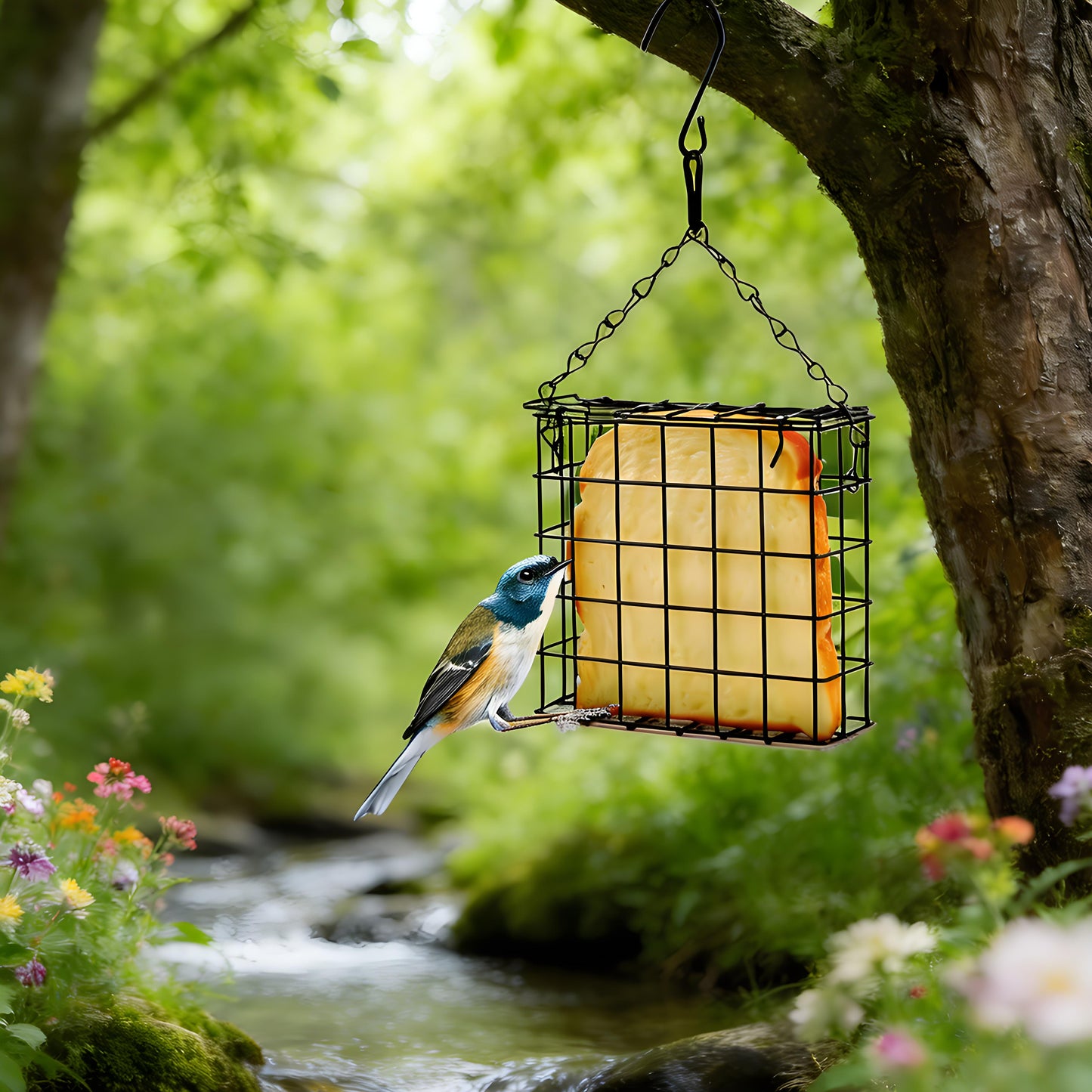 Rywell Hanging Suet Bird Feeder for Outdoors – Metal Suet Cage Feeder for Wild Birds, Single Suet Cake Capacity, Backyard Garden Bird Feeder